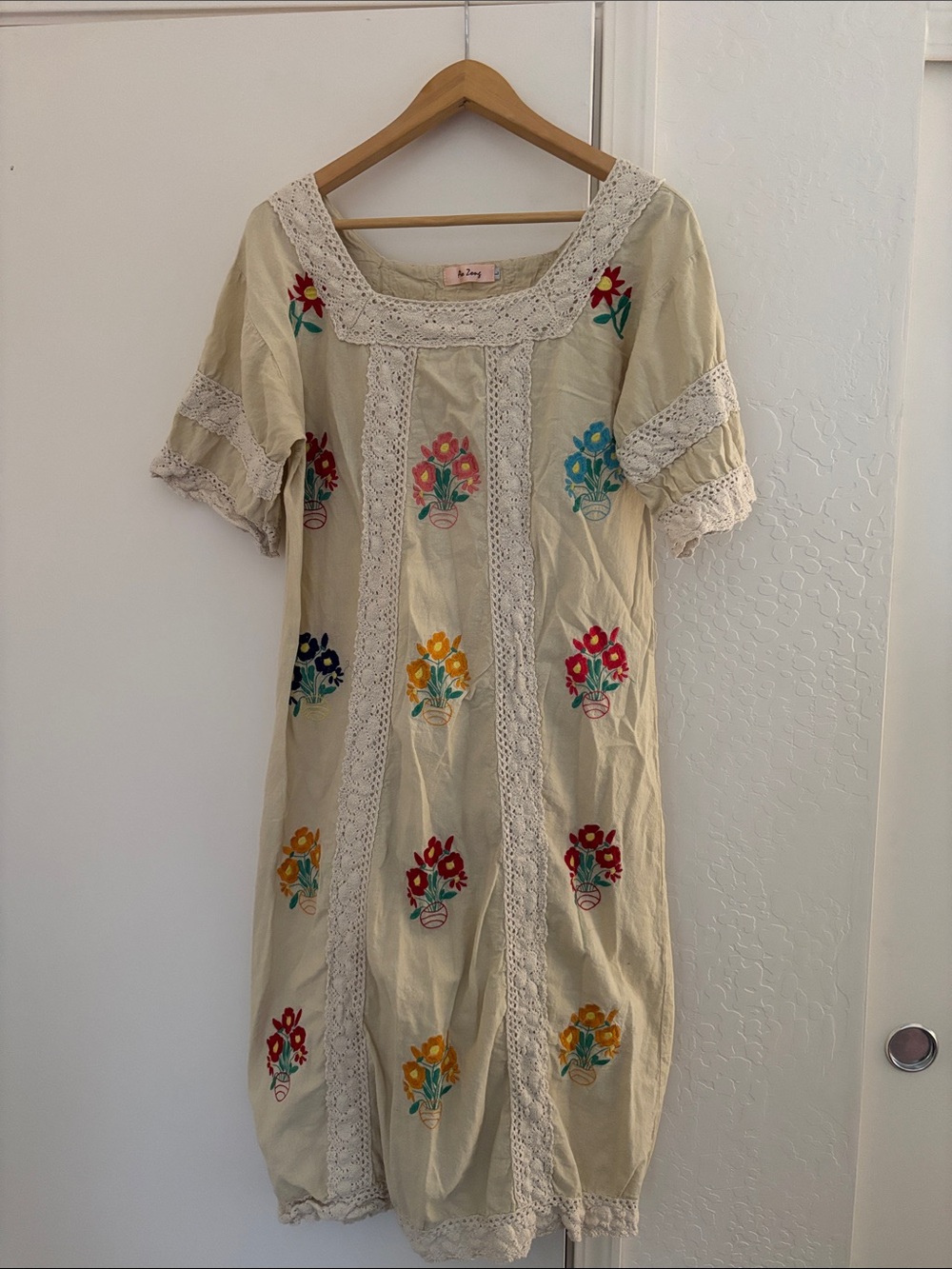 Cream Embroidered Floral Dress with Lace Trim